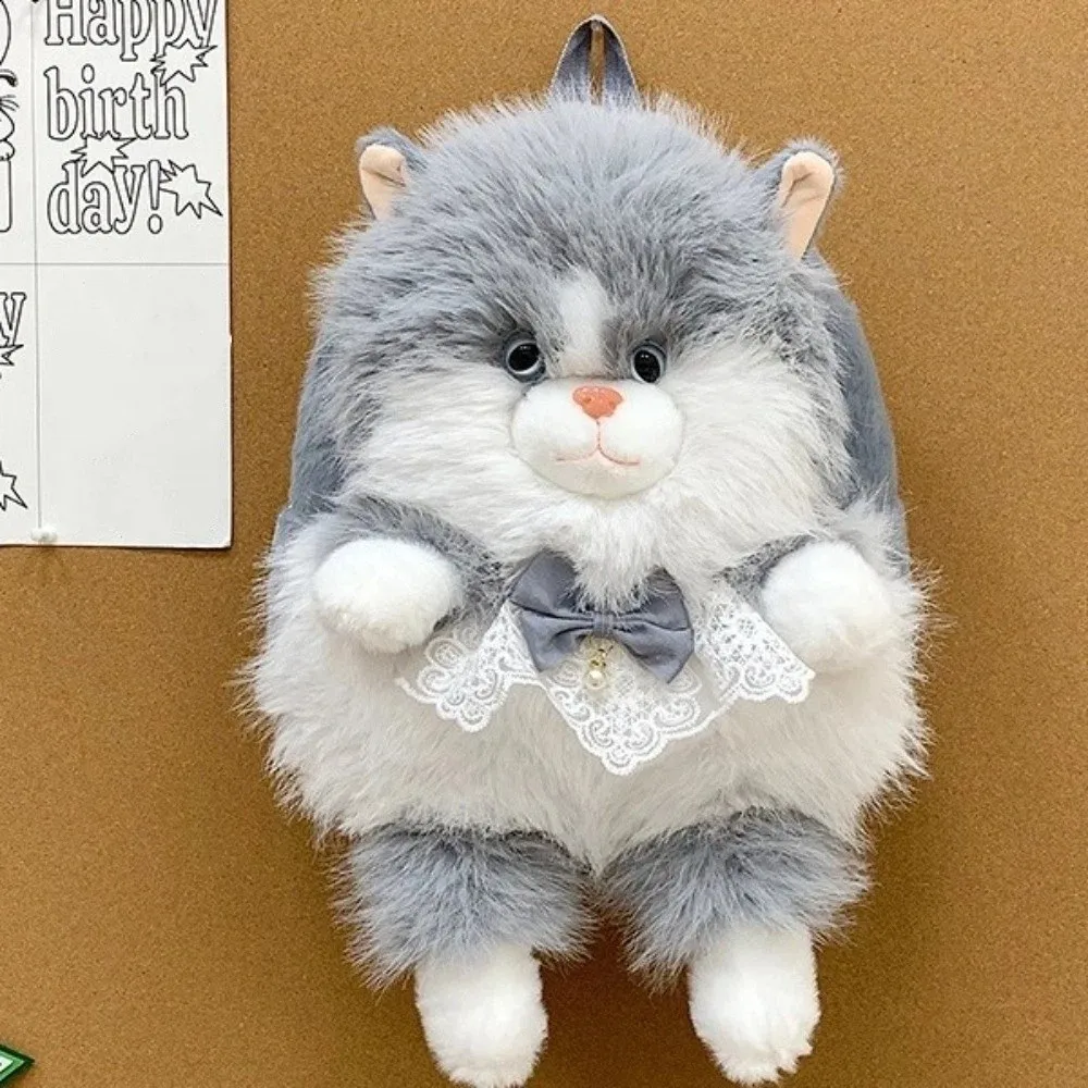 Cartoon Soft Fluffy Cat Backpack Polyester Lining 3D Rucksack Large Capacity Realistic Shoulder Bag Children