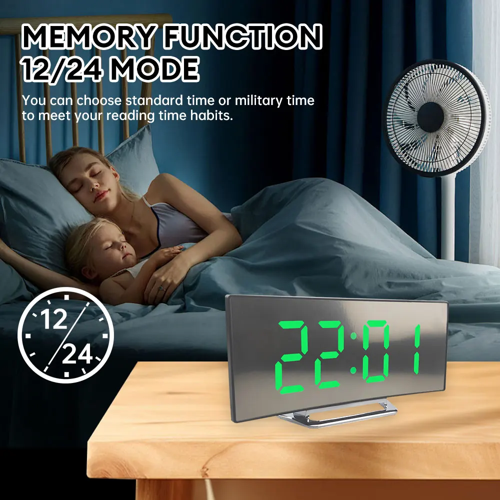 Curved Screen Clock Electronic Clock Large Screen LED Mirror Clock Silent Alarm Clock Creative Surface Bedside Clock Room Decor