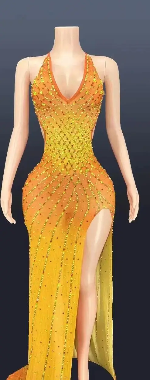 

ZD 8 Colors Sexy Stage Influencer sexy V-neck water-crystal slit tight long dress birthday dress
