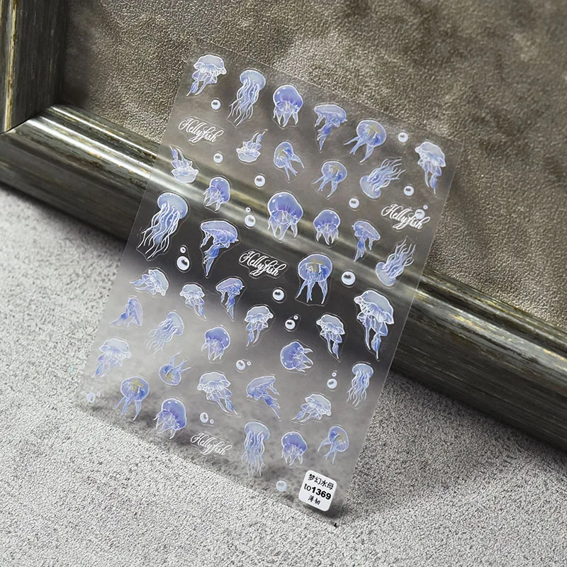 Blue Jellyfish 5D Nail Sticker Lettering 3D Ultra-thin Stickers Summer Ocean Sea Theme Manicure Decals