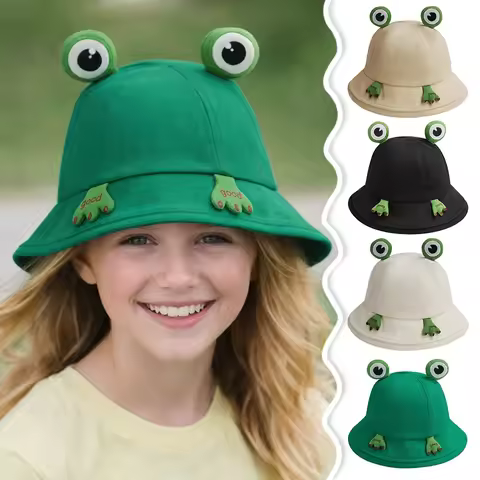 Cute Frog-Shaped Cartoon Frog Bucket Hat Big Eyes Pattern Foldable Fisherman Hats Funny Cotton Froggy Hat