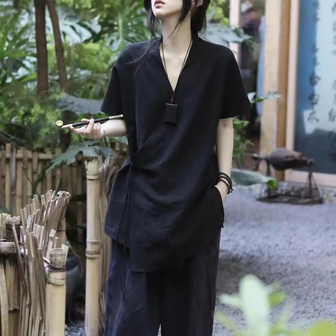 

Cotton Linen New Chinese Style Tops Men Women Hanfu Inspired Cross Collar Short Sleeved Shirt Vintage Breathable Ancient Outfit