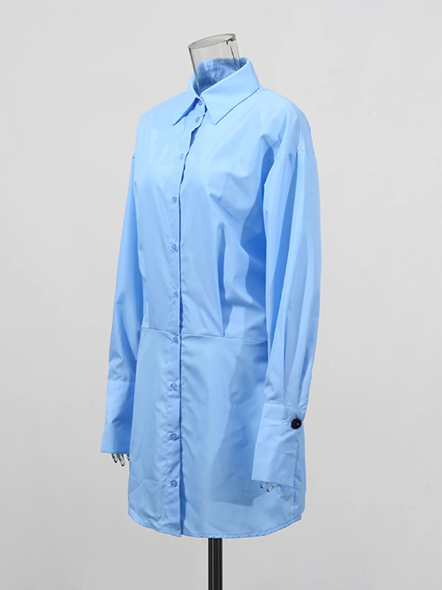 CHICEVER Camicia da donna con temperamento di colore blu Abito con risvolto Manica lunga Bottoni impiombati Casual Versatile Abiti corti Donna Nuovo