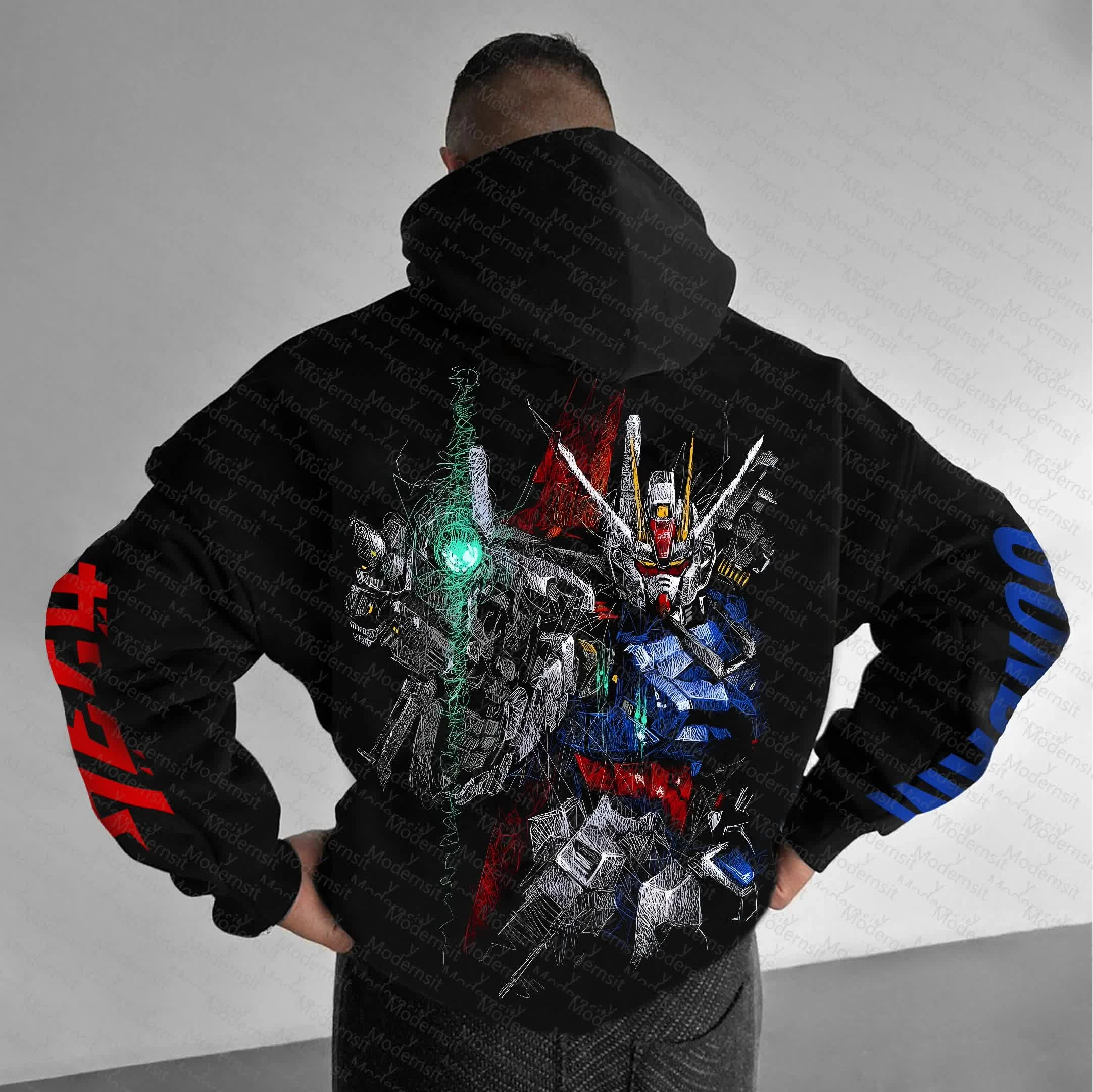 Männer GUNDAM Anime Schwarz Jogger Hosen Blau Roboter Grafik Streetwear Casual Lose Fit Herbst Winter Laufen Fitness Jogginghose