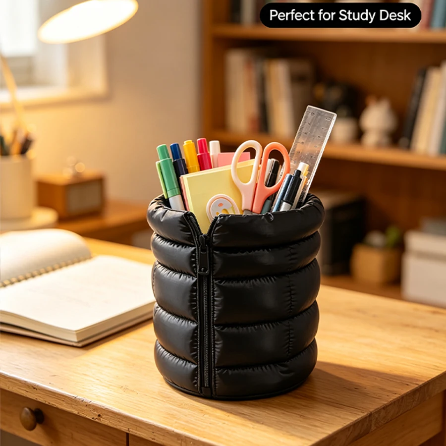 Puff-Style down Jacket Pen Holder, Creative Zipper Pen Container, Desktop Stationery Organizer, Waterproof Makeup Brush Storage Tube, Suitable for Office, Campus, and Home Desktop Decoration