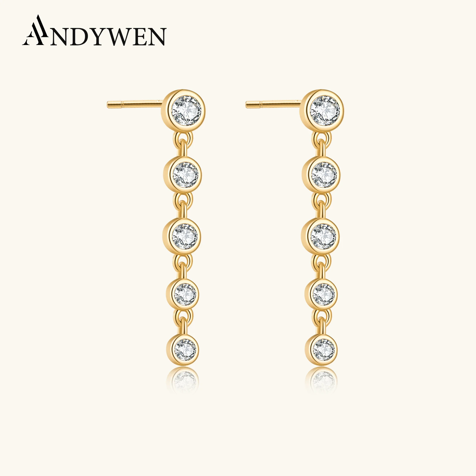 

ANDYWEN 925 Sterling Silver Clear CZ Six Zircon 25mm Chain Stud Earring Wedding Gift Rock Rock Piercing Pendiente Fine Jewelry