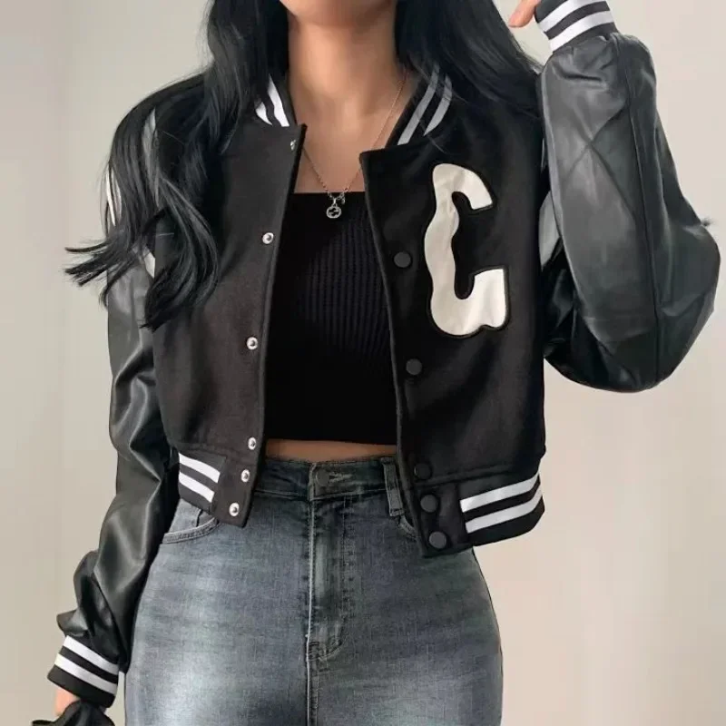 Jaqueta bomber cortada para mulheres, moda coreana vintage, jaquetas curtas de beisebol gótico extragrande, streetwear chique Kpop, casaco de inverno, 2023