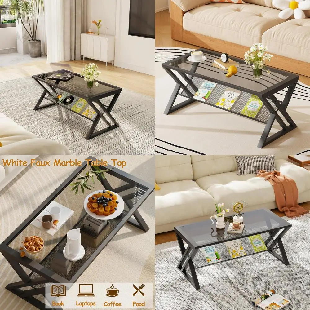 

Modern Rectangular Grey Glass Coffee Table with Storage Shelf and Black Metal Frame for Living Room and Home Office