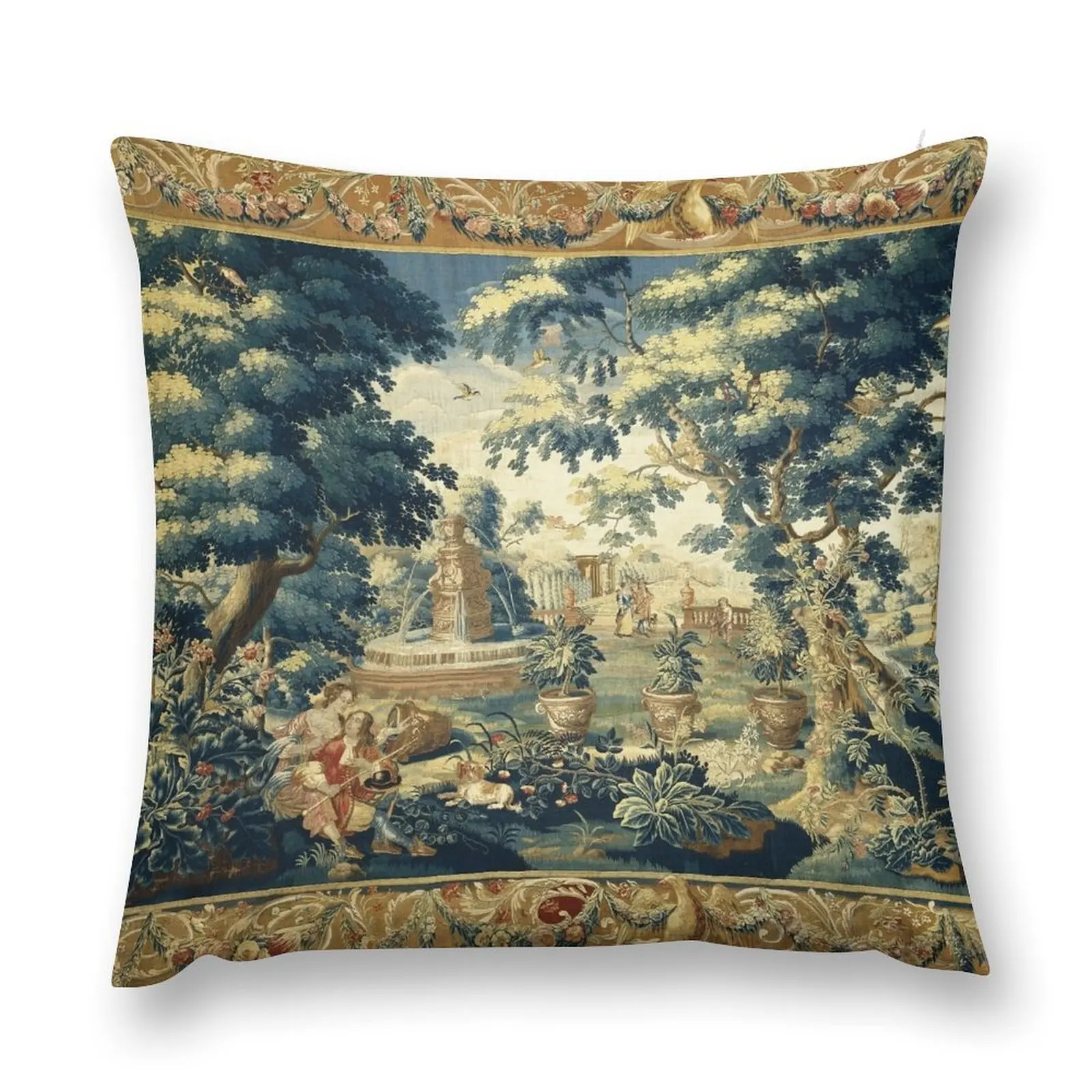 PARK SCENE WITH TREES,SITTING COUPLE AND HUNTERS IN WOODLAND LANDSCAPE Antique Flemish Tapestry Throw Pillow