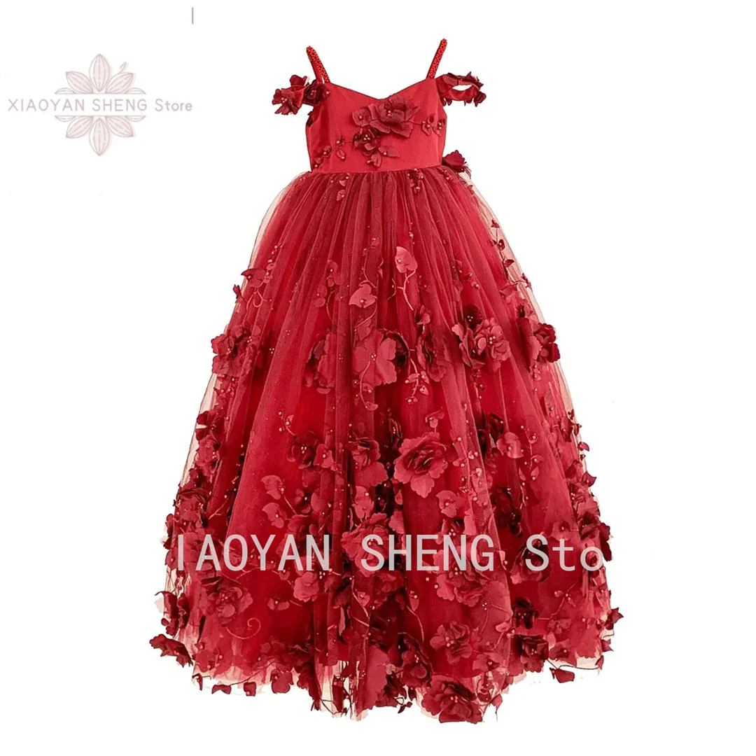 

Red Flower Girl Dresses For Wedding 3D Appliqued Tulle Princess Pageant Dress Toddlers Beads Formal Party Gowns Custom Made