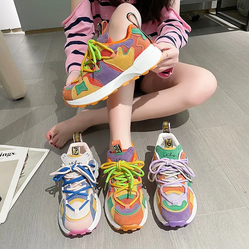 Women Fashion Rainbow Color Chunky Sneakers Women Autumn Platform Lace Up Sports Shoes Woman Mesh Breathable Non-slip Sneakers