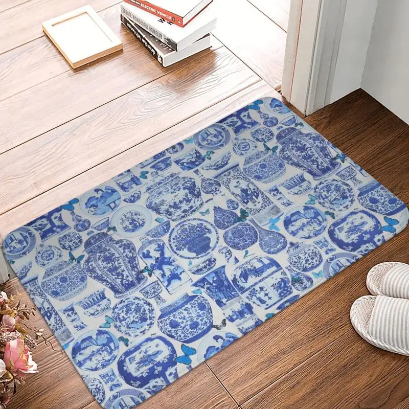 Delft Blue Chinese Porcelain Vases Pattern Doormat Anti-Slip Bathroom Kitchen Mat Toilet Door Floor Entrance Carpet Rug