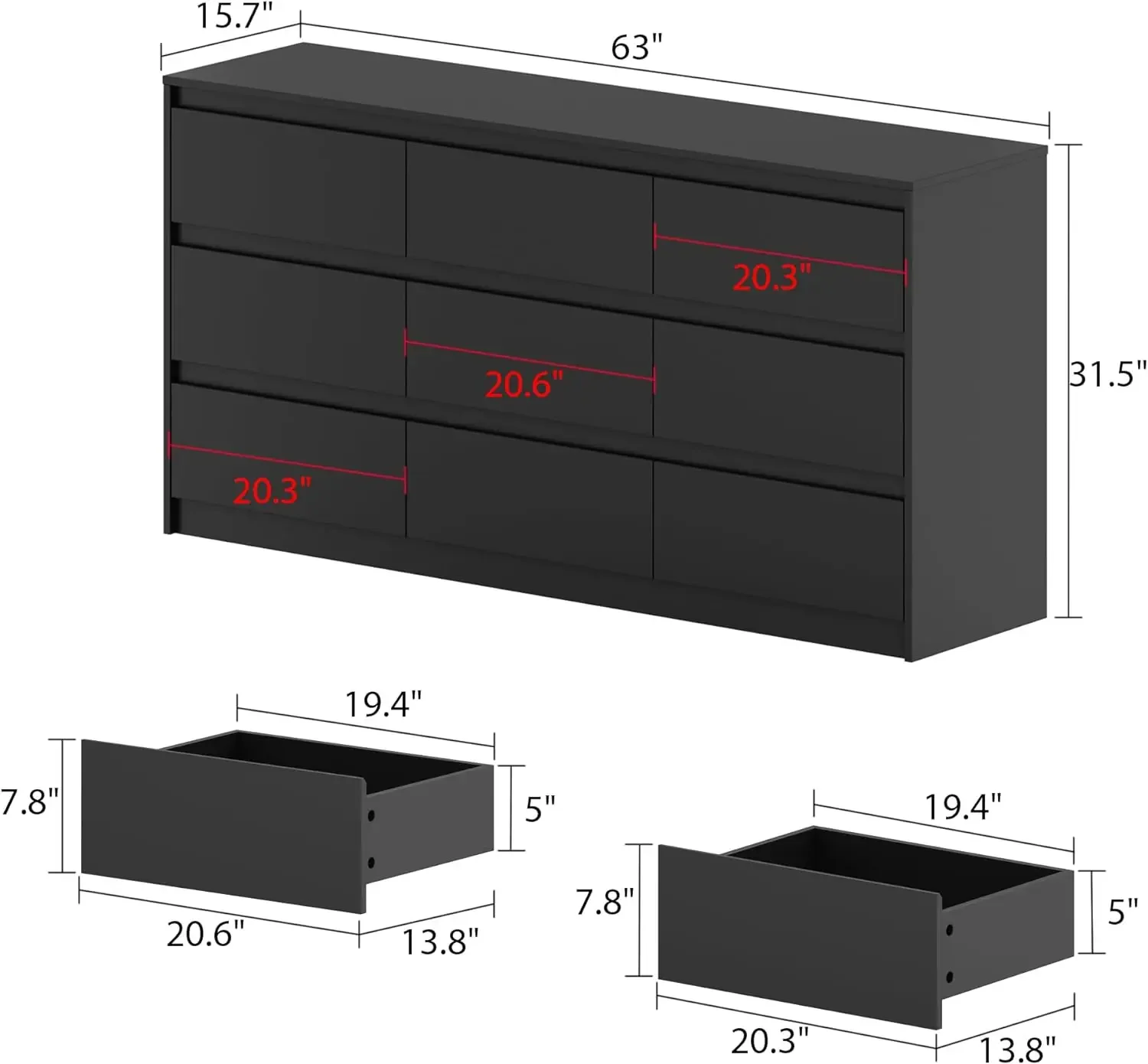 9 Deep Drawers, Large Floor Wood Dressers & Chest of Drawers Handle Free, Modern Long Dressers for Bedroom, Living Room