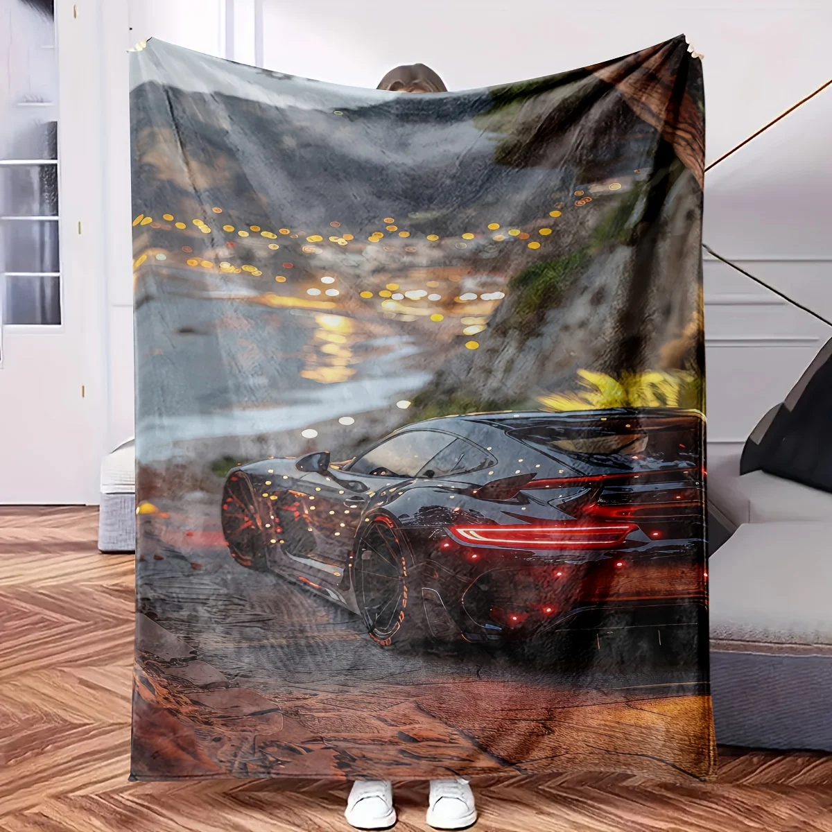 Aesthetic Sports Car Night Drive Print Blanket Throw for Living Room Couch Decor Luxury Automotive Scene 150x230cm