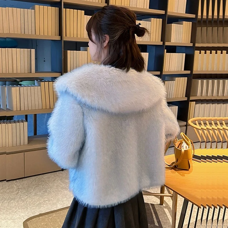 Korean Sweet Doll Collar Gradient Blue Imitation Fur Jacket Winter Women Single-breasted Long Sleeve Faux Fox Fur Coat Female