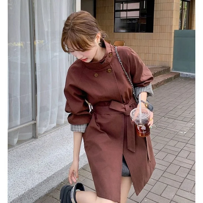 Trench da donna con cintura doppio petto Slim Fit di media lunghezza stile coreano Cappotto primaverile casual Capispalla W1849