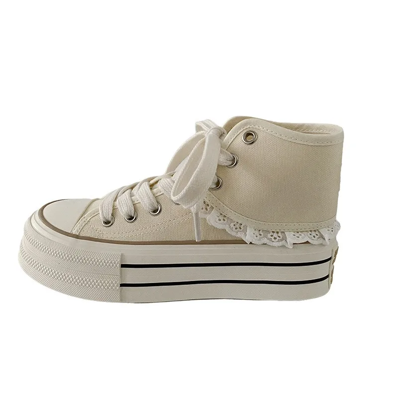 

High Heel Canvas Shoes Women's Double Wear Cap Tie Design Thick Bottom Uppers Fashionable Rubber Soles Comfortable Cotton Lining