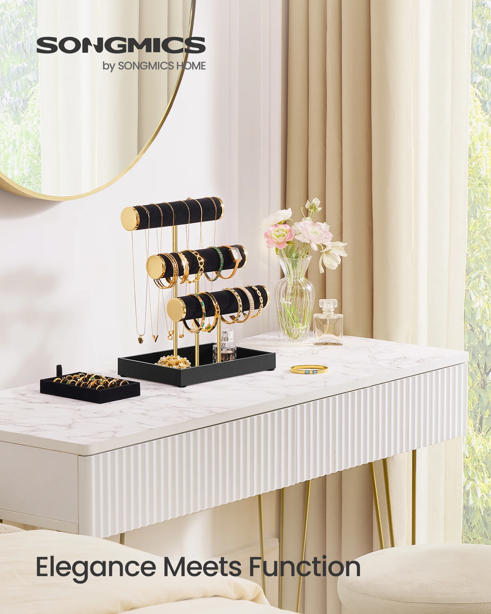 

SONGMICS Bracelet Holder Stand, Jewelry Display Stand, Jewelry Organizer, with 3 Tiers and Velvet Tray, Removable Ring Holder,