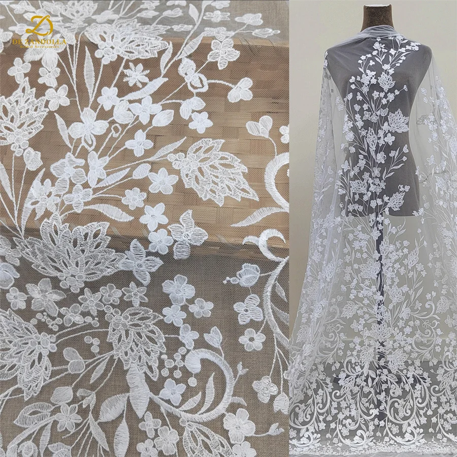 1 Yard Off-White Wedding Dress Lace Fabric Floral Tulle Embroidery  Crafted  For Bridal Evening,Party Dress Fabric Width 120cm