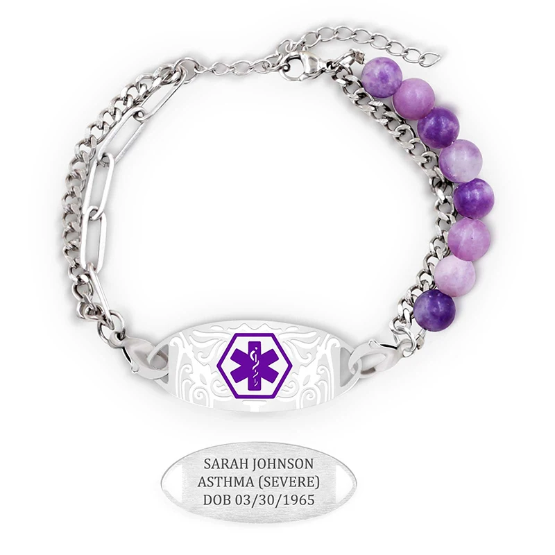 

Custom Medical Alert Bracelets for Women Men Personalized Natural Stone and Stainless Steel Medic ID Layered Emergency Bracelet