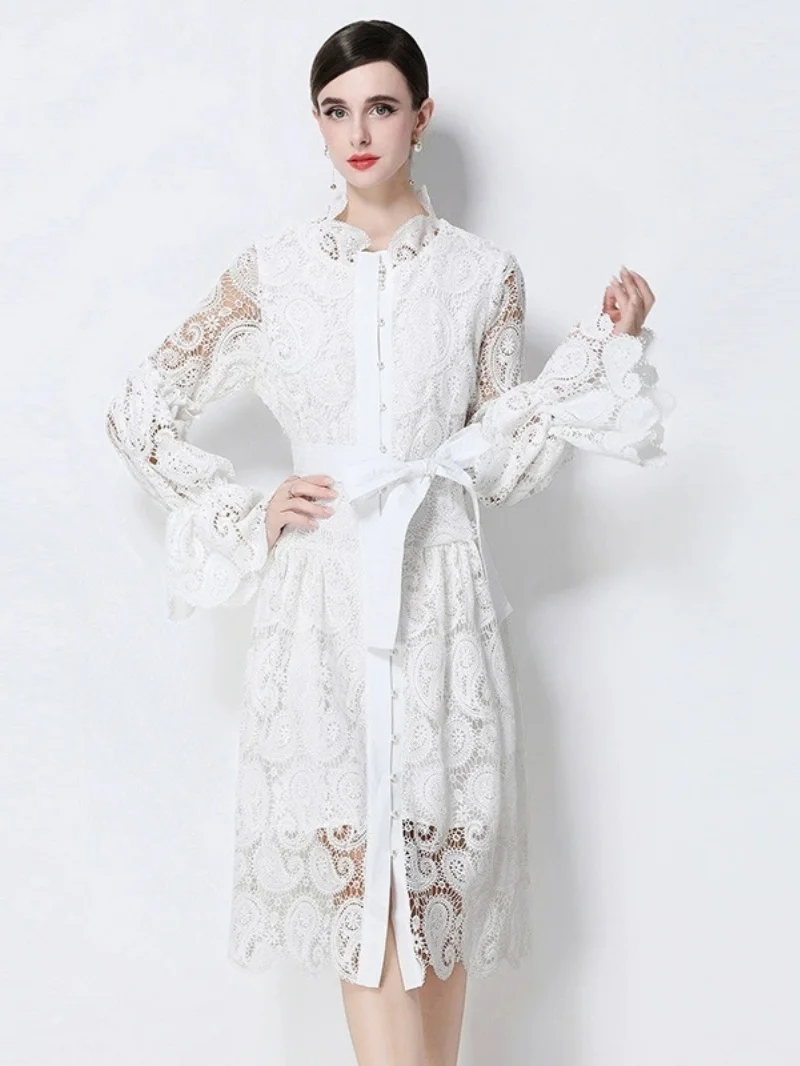 

Роскошное кружевное платье с вышивкой крючком и ажурным узором, весенняя коллекция 2026, женское, с расклешенными рукавами, на одной пуговице, макси, длинное, шикарное, А-силуэт