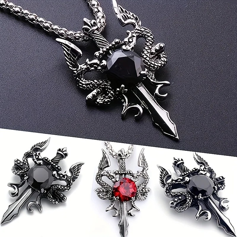 New Retro Couple Knight Double Dragon Cross Sword Pendant Necklace - Stainless Steel - For Couples Only