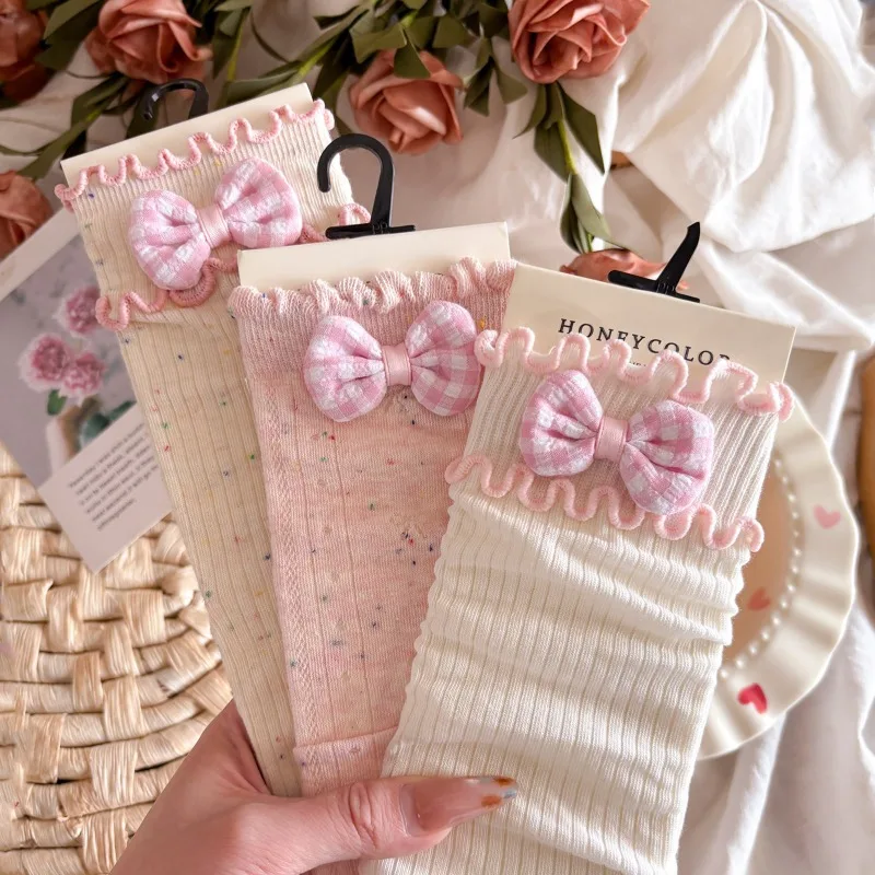 Women's 3-Pack Ruffle Edge Checkered Bow Calf Socks Speckled Ribbed Cotton Frilled Socks for Sweet Lolita,Kawaii & Daily Outfits
