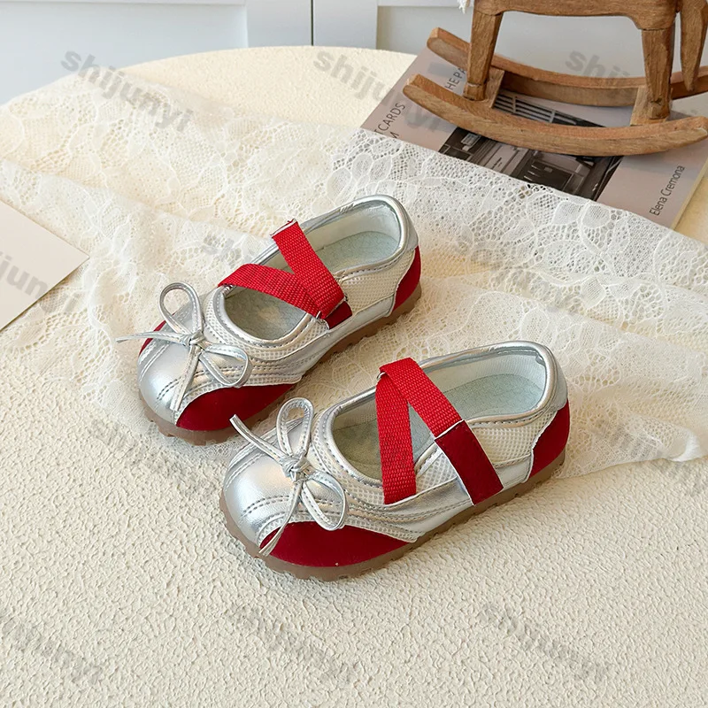 

2026 Summer Children Shoes Fashion Vintage Mary Jane Shoes Sweet Soft Sole Bow-knot Flat Sandales Concise Ballet Flat Shoes Girl