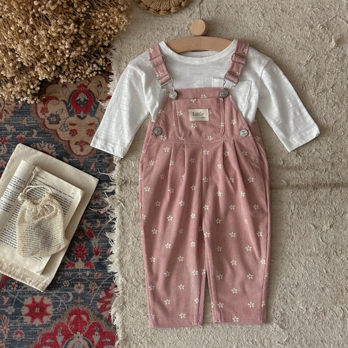 Spring/ Autumn Baby Pastoral Tiny Floral Corduroy Overalls, Versatile Layer Wear Suspender Pants For Baby Girls Daily Wear