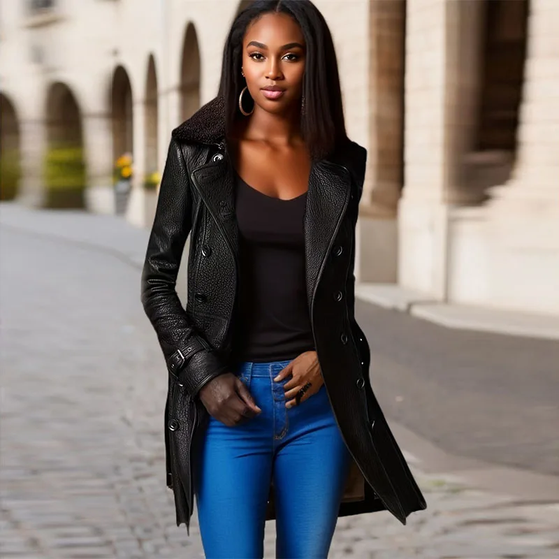 Nueva chaqueta negra de cuero de alta calidad para mujer, ropa de abrigo ajustada con cuello de piel británica para primavera y otoño, chaqueta clásica para locomotoras de Moto