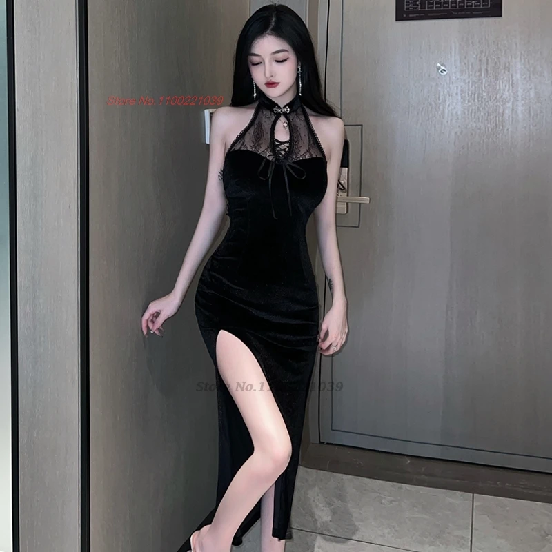 

2025 oriental off shoulder dress improved qipao traditional sleeveless velvet cheongsam hollow out dress halter bodycon dress