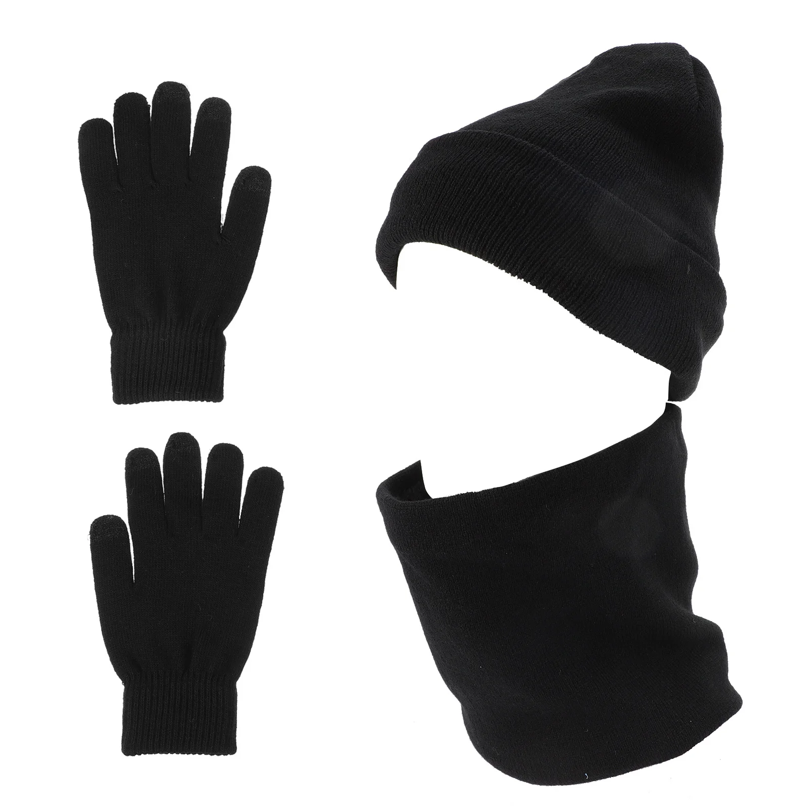 ニット冬用ビーニー スカーフ 手袋セット 二重層帽子 ネックウォーマー 裏地付き メンズ レディース ブラック 暖かい 屋外 寒さ対策