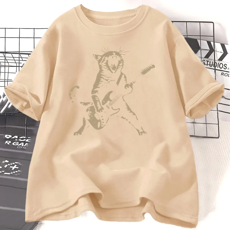 Rock Kat Gitaar Spelen T-shirt Vrouwen Mannen Plus Size Grappige Gitaar Kat T-shirt Casual Korte Mouw O Hals T-shirts Unisex Streetwear
