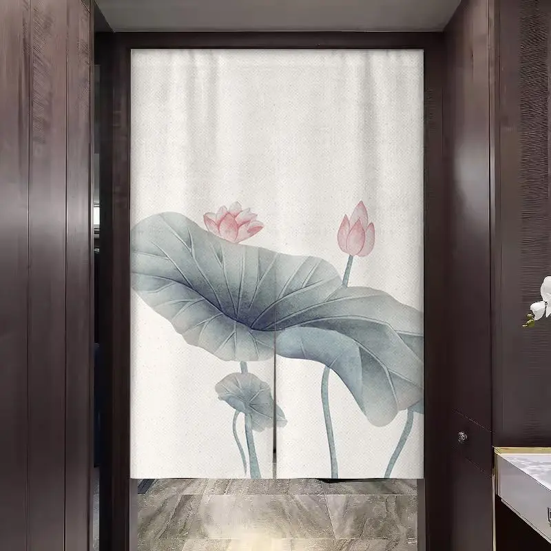 VIKAMA Chinese Ink Blue Grey Lotus Leaf Door Curtain White Background Pink Blossom Bud Minimalist Zen Art Linen Noren Wall Soft