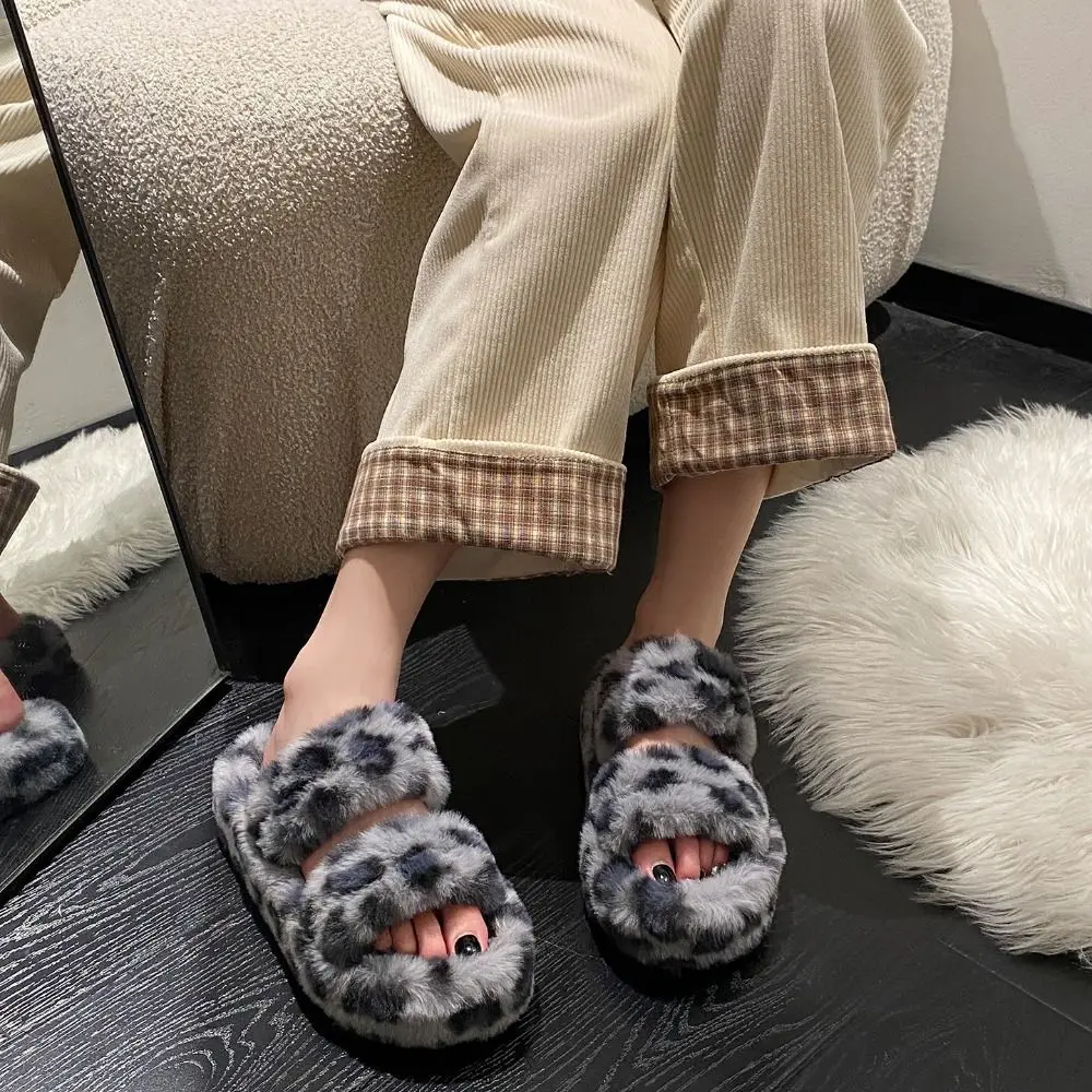 

Fashion Thick Sole Leopard Print Plush Slippers PVC Non-Slip Warm Fur Slippers Fluffy Indoor Outdoor Y2k Leopard Slippers Home