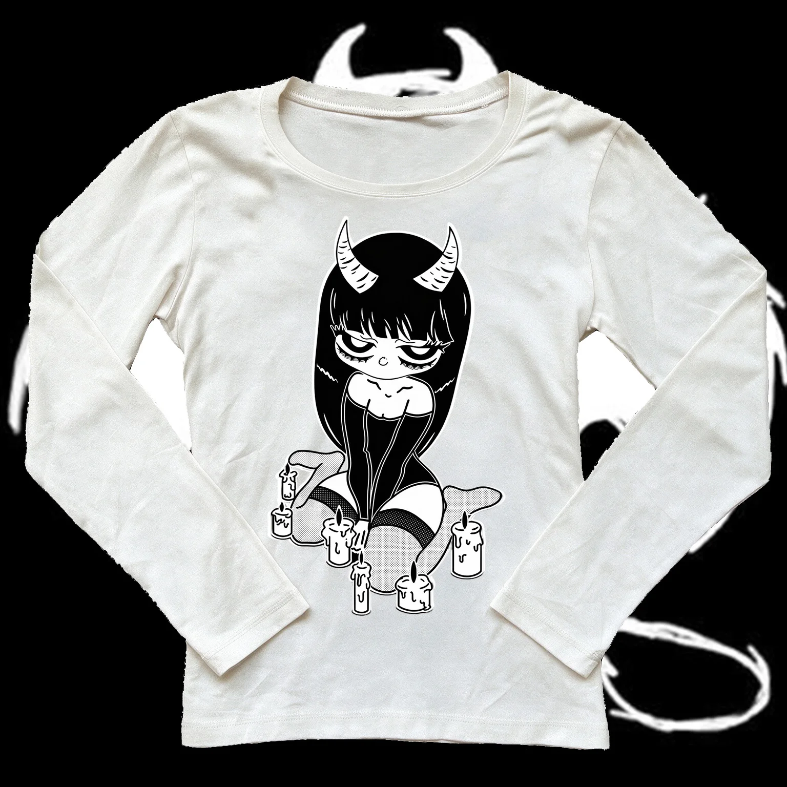 Women's Long Sleeve T-shirt Devil Girl Candle Print Gothic Tee Dark Aesthetic Cartoon Anime Slim Casual Halloween Tops