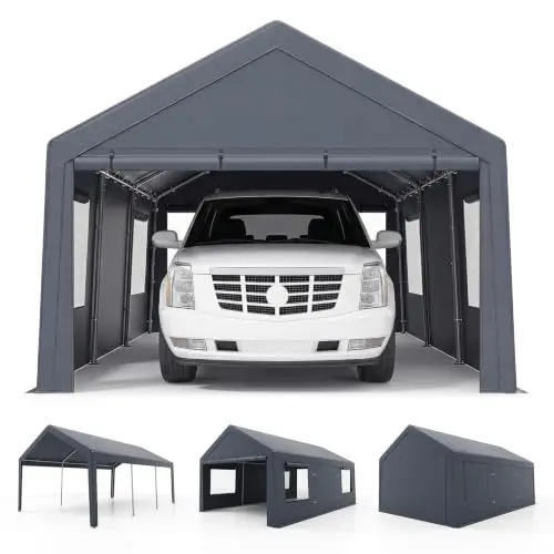 10x20 FT Portable Garage with 2 Doors & 4 Roll-Up Mesh Windows