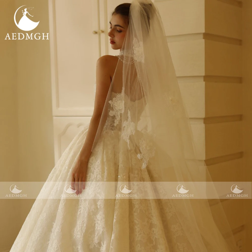 Aedmgh A-Line Romantic Wedding Dresses Strapless Backless Vestido De Novia Lace Appliques Glamorous Custom Made Bridal Gown