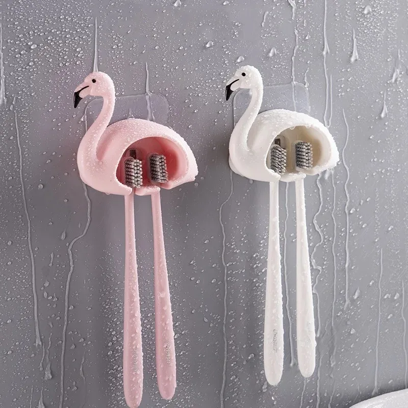 Hot Sale Flamingo Shaped Toothbrush Holder Sucker Bathroom Accessories 2 Position 1Pcs Cute Wall Mount Toothbrush Rack Organizer