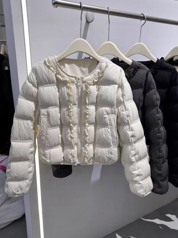 

Warm round Neckdown Jacket Women's Short Outerwear Duck down Wood Grain European Style Commute Style Winter New Arrival