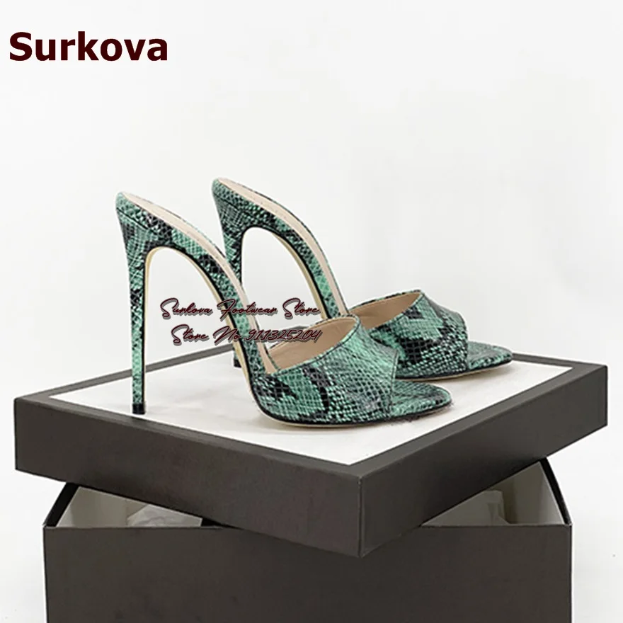 Surkova Gold Snakeskin Stiletto Heel Modern Slippers Open Toe Slip-On Python Gladiator Sandals Blue Denim Zebra Dress Shoes