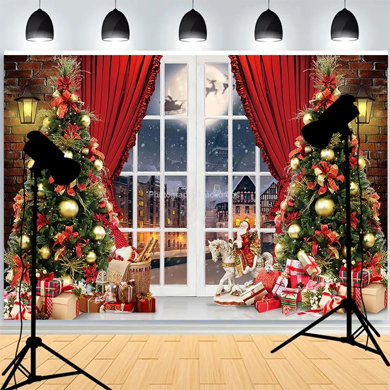 

Christmas Wreath Large Window Xmas Decoration Background Warmth Living Room Family Happiness Party Photography Backdrops AG-13