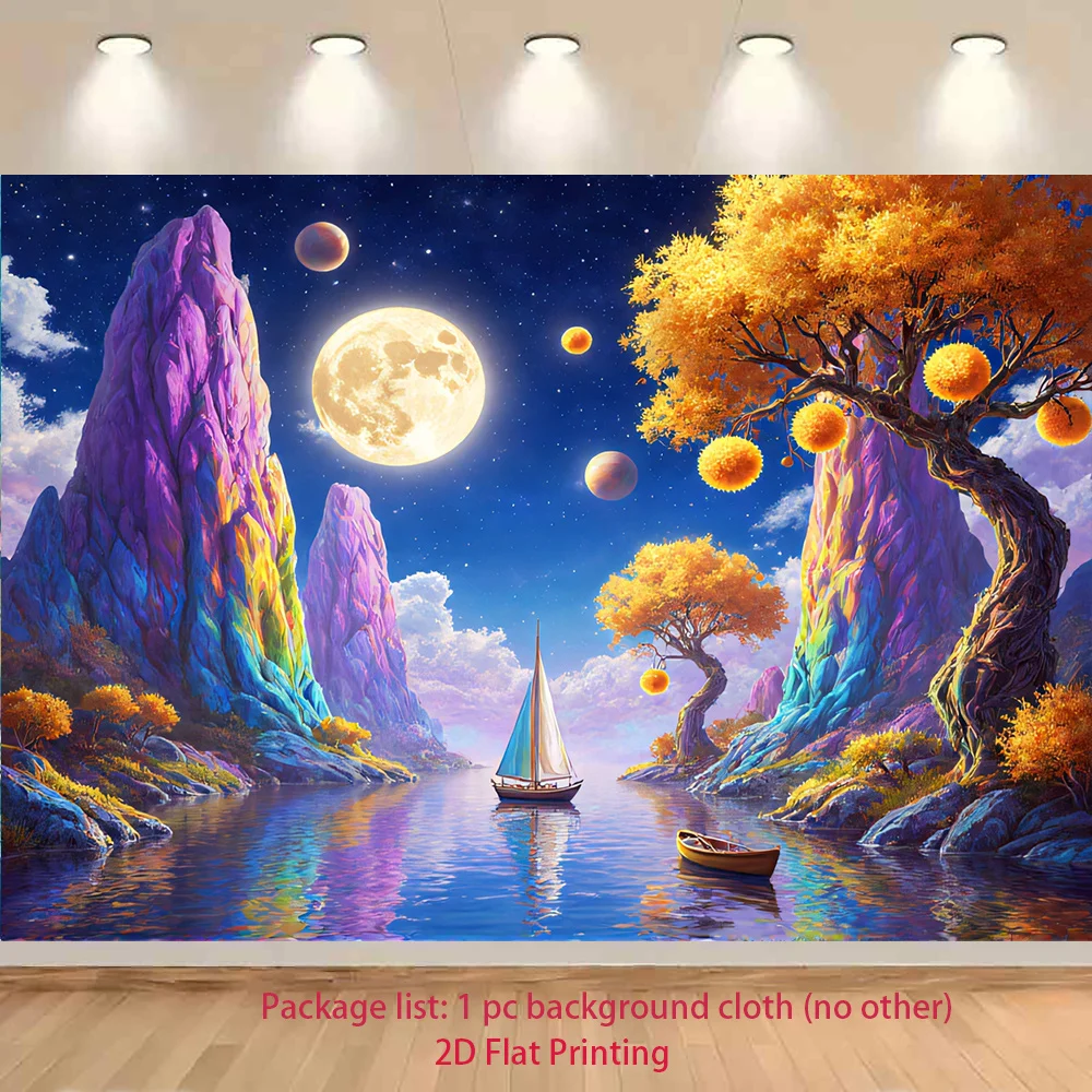 Fantasy Landscape Tapestry, Moonlit River & Magic Tree Wall Hanging, Psychedelic Art Decor for Bedroom Living Room Dorm