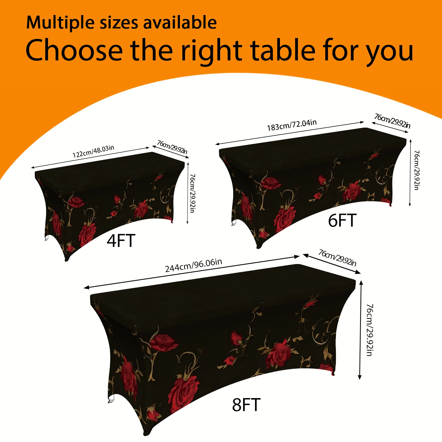 1PC Summer Outdoor Elastic Tablecloth, Black Base with Red Rose Floral Print, 4/6/8FT Rectangular Stretchable