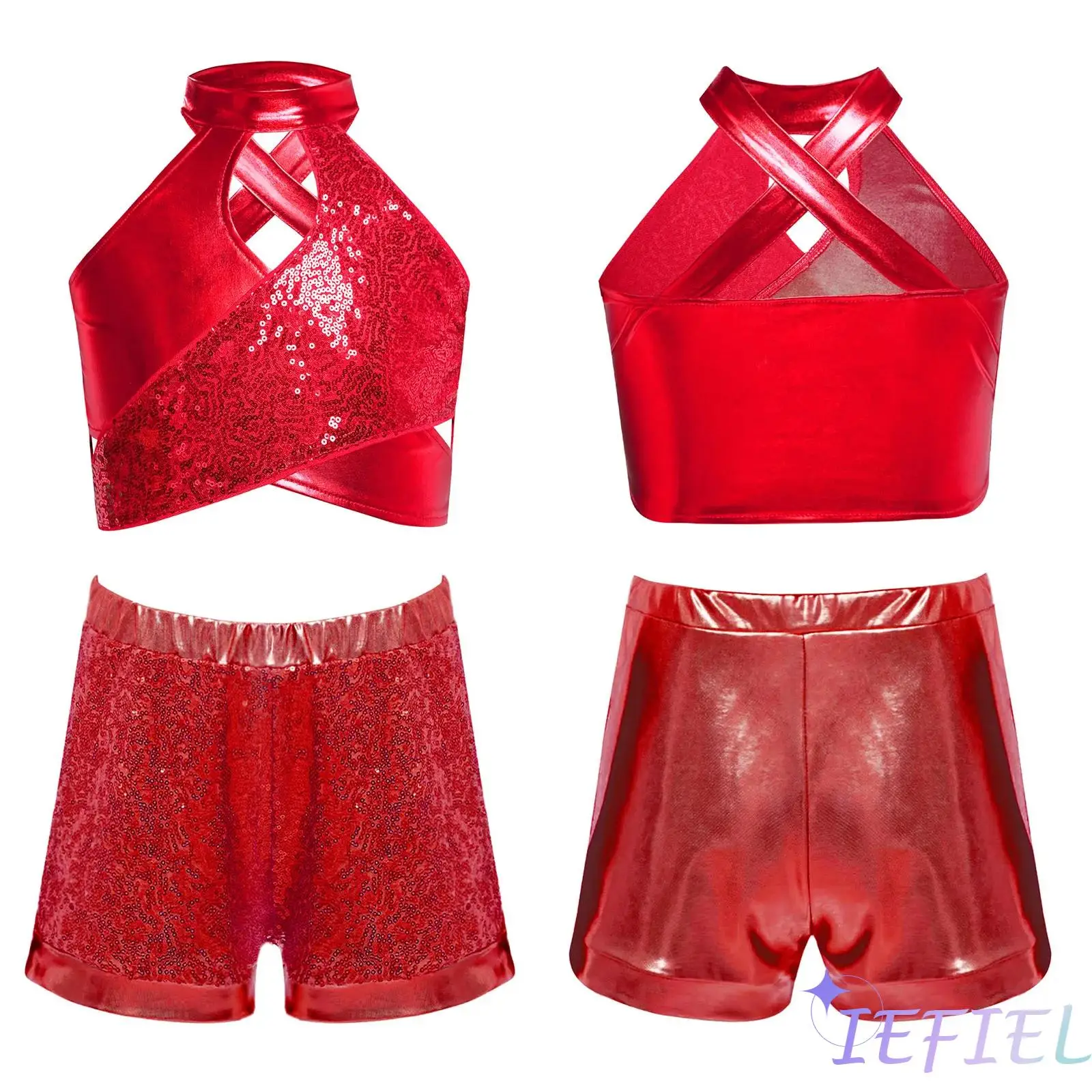 

Girls Jazz Dance Costume Cross Keyhole Sparkly Sequins Metallic Crop Top with Shorts for Hip-hop Street Dance Stage Performance