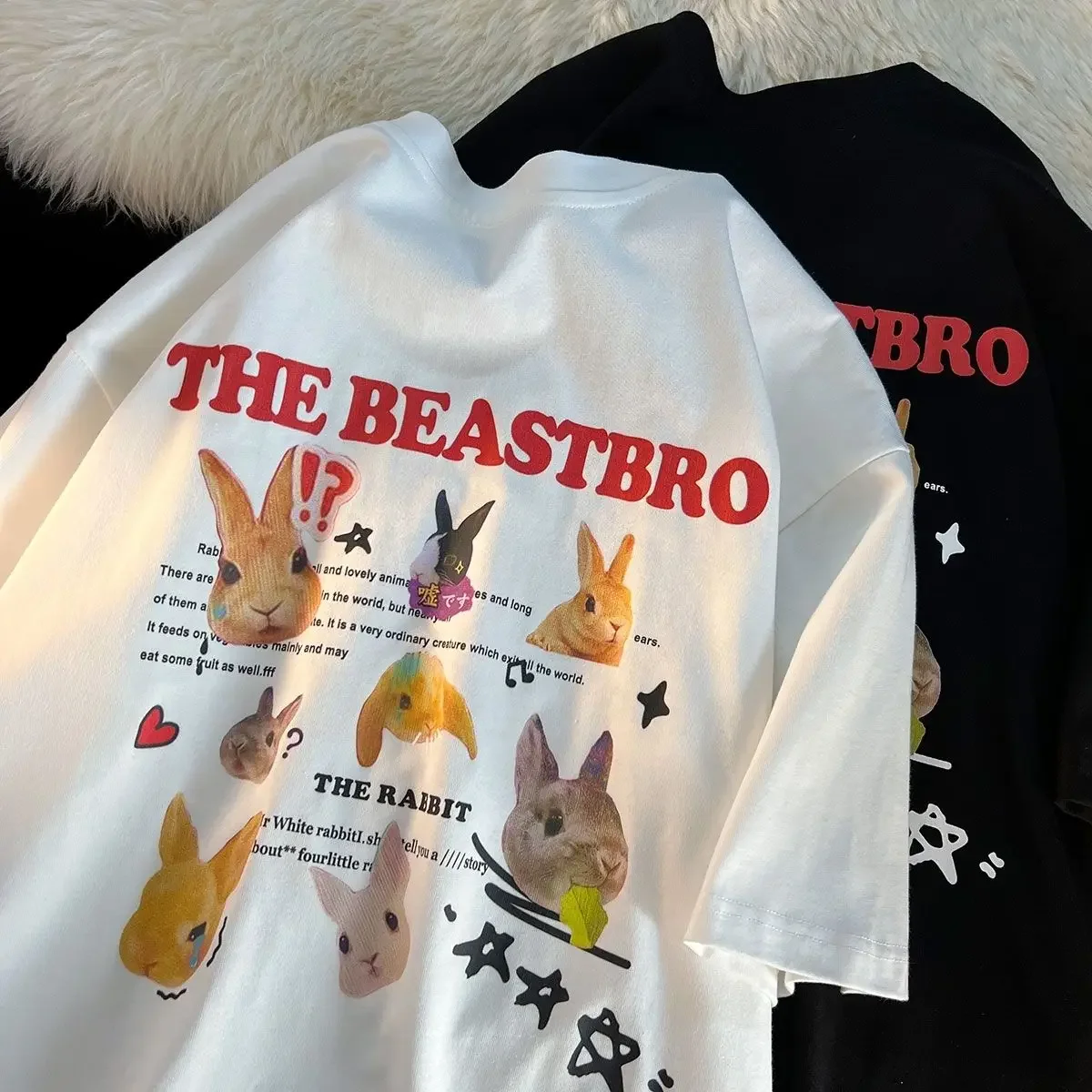 

Rabbit Letter Printing Design Heavy Weight Short Sleeve T-shirt Summer Cotton Loose Thin Half Sleeve Ins Fashion Top Clothing