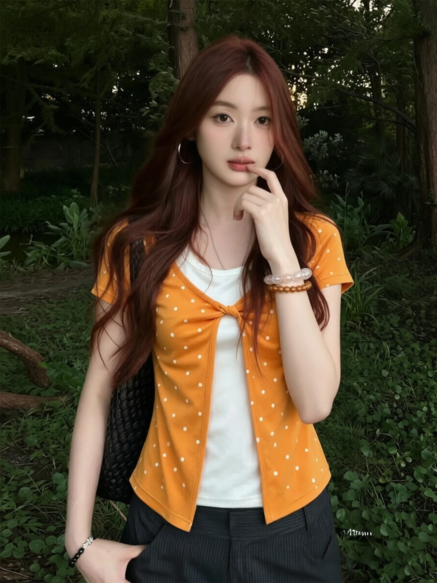 Orange Two-Piece Effect V-Neck Short Sleeve Women's Summer Fashion Checkered Slimming Dopaamine Top Casual Style Universal Fit