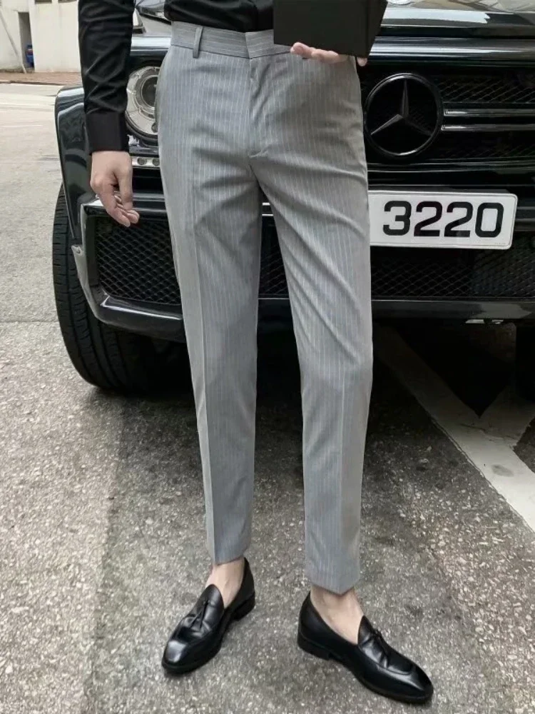 الرجال عالية الخصر البدلة العادية السراويل طويلة بانت مستقيم بنطلون جيوب لصق سليم صالح مخطط عادية الخريف شتاء 2025 جديد #5