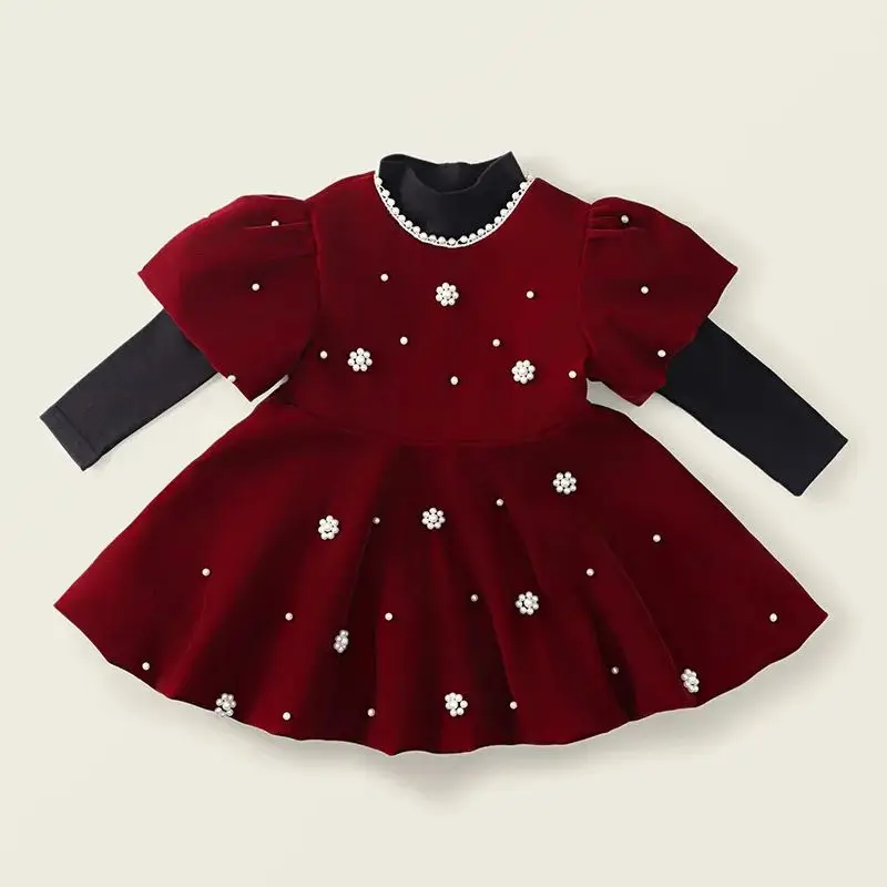 

Autumn Winter Kids Girls Dress Beading Round Collar Puff Short Sleeve Velvet Party Princess Dresses Child New Year Clothes