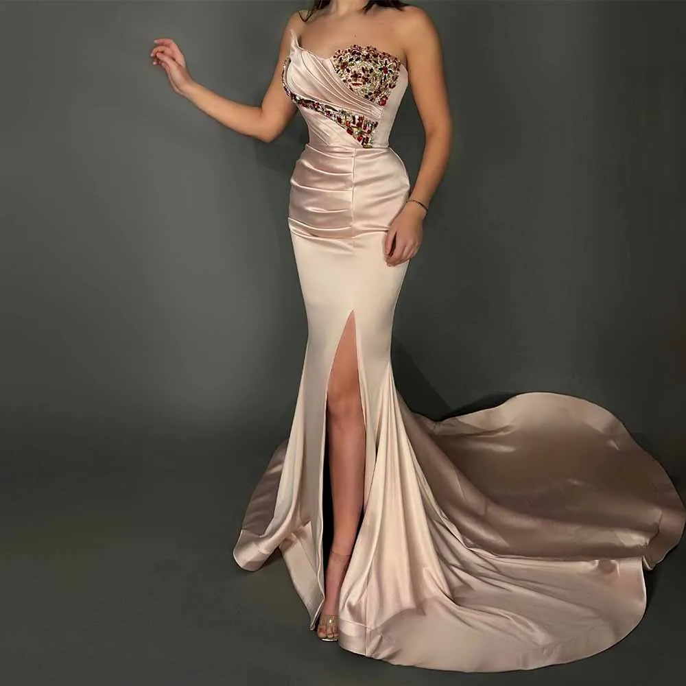 

Luxury Dresses for Party Mermaid/Trumpet Satin Formal Evening Dress Lilac Strapless Rhinestones/Crystals Pleat Split Prom Gown